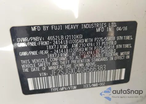 2016 Subaru Forester 2.0Xt Touring z USA, uszkodzony, nr VIN JF2SJGXC4GH566383